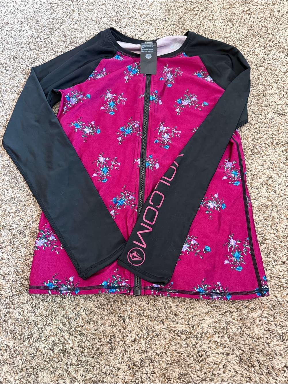 Volcom Magenta Floral Zip-Front Rash Guard with Black Sleeves